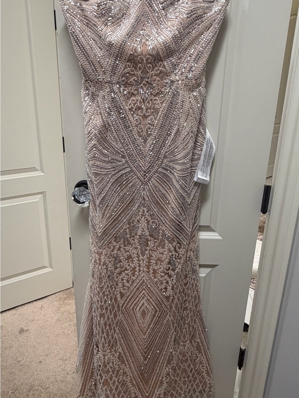 Dress the Population Strapless Beaded Evening Gown in Blush Champagne
